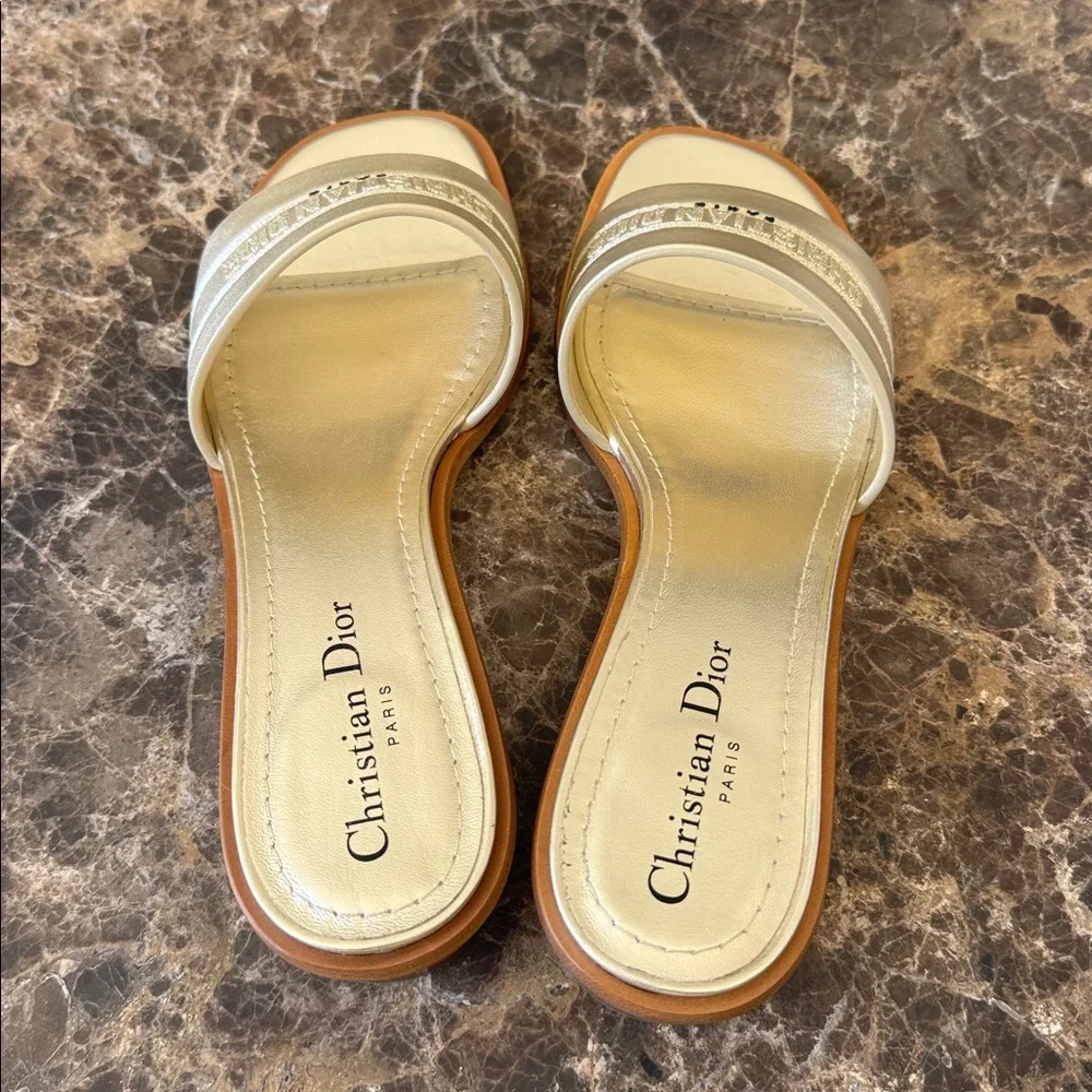 Christian Dior dway slides pale gold logo sandals block heel sz 39 - Picture 7 of 10